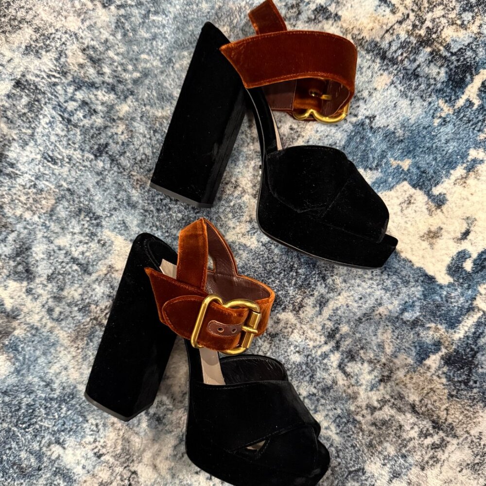 Prada Bicolor Velvet Platform Sandals – Black/Brown – Size 37.5